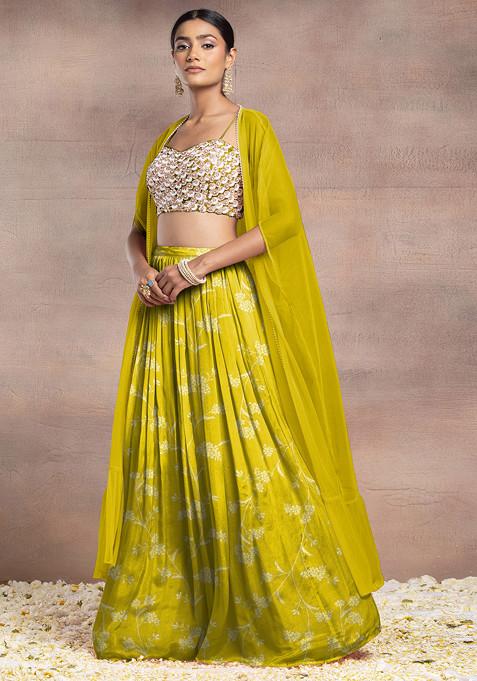 Lemon Yellow Lehenga Set With Sequin Hand Embroidered Blouse And Mesh Jacket