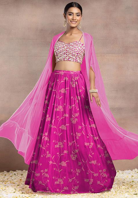 Fuchsia Pink Lehenga Set With Hand Embroidered Blouse And Mesh Jacket