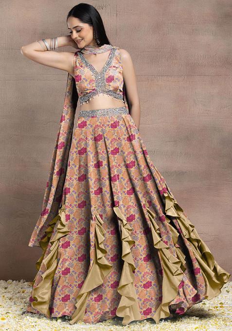 Peach Ruffled Lehenga Set With Sequin Hand Embroidered Blouse And Dupatta