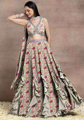 Beige Ruffled Lehenga Set With Sequin Hand Embroidered Blouse And Dupatta