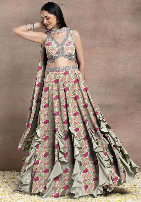 Beige Ruffled Lehenga Set With Sequin Hand Embroidered Blouse And Dupatta