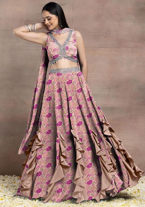 Light Peach Ruffled Lehenga Set With Sequin Hand Embroidered Blouse And Dupatta