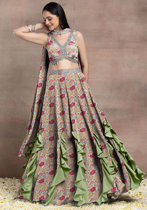 Green Ruffled Lehenga Set With Sequin Hand Embroidered Blouse And Dupatta