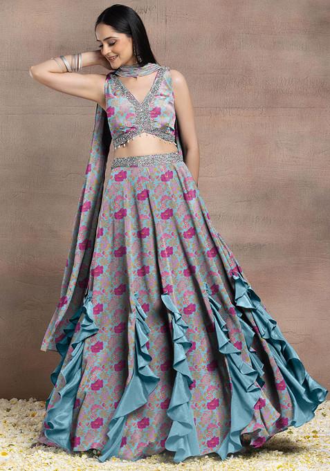 Sea Blue Ruffled Lehenga Set With Sequin Hand Embroidered Blouse And Dupatta