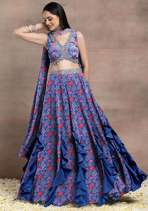 Blue Ruffled Lehenga Set With Sequin Hand Embroidered Blouse And Dupatta