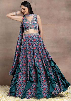 Dark Green Ruffled Lehenga Set With Sequin Hand Embroidered Blouse And Dupatta