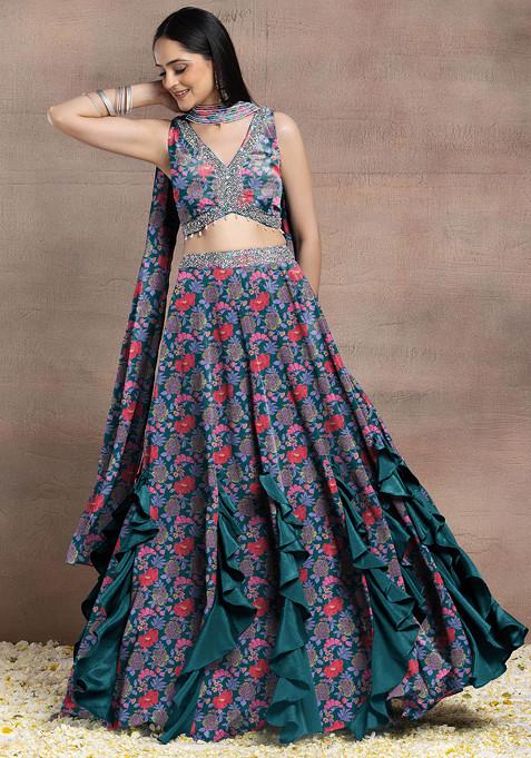 Dark Green Ruffled Lehenga Set With Sequin Hand Embroidered Blouse And Dupatta