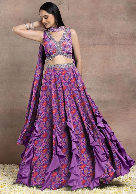 Purple Ruffled Lehenga Set With Sequin Hand Embroidered Blouse And Dupatta