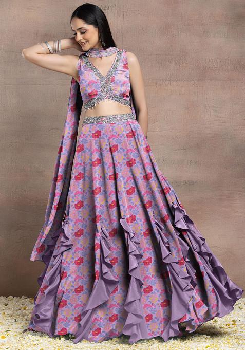 Lavender Ruffled Lehenga Set With Sequin Hand Embroidered Blouse And Dupatta