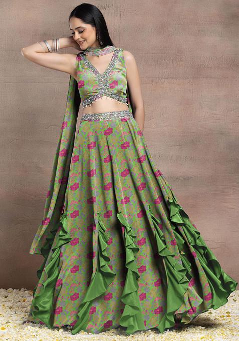 Light Green Ruffled Lehenga Set With Sequin Hand Embroidered Blouse And Dupatta