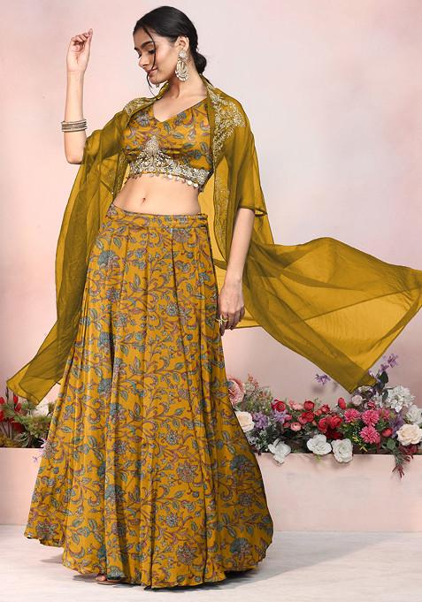 Yellow Lehenga Set With Zari Hand Embroidered Blouse And Jacket