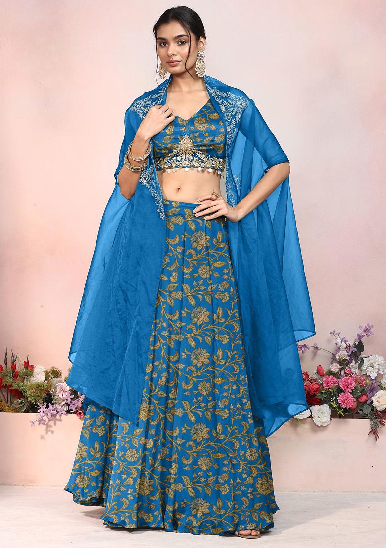 Blue Lehenga Set With Hand Embroidered Blouse And Jacket