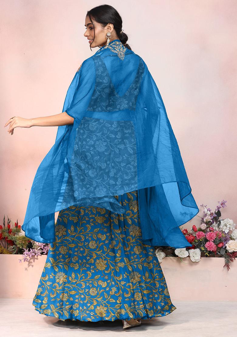 Blue Lehenga Set With Hand Embroidered Blouse And Jacket