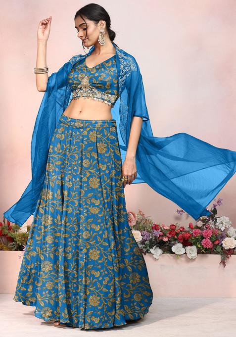 Blue Lehenga Set With Hand Embroidered Blouse And Jacket