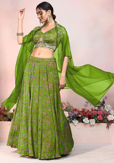 Light Green Lehenga Set With Zari Hand Embroidered Blouse And Jacket