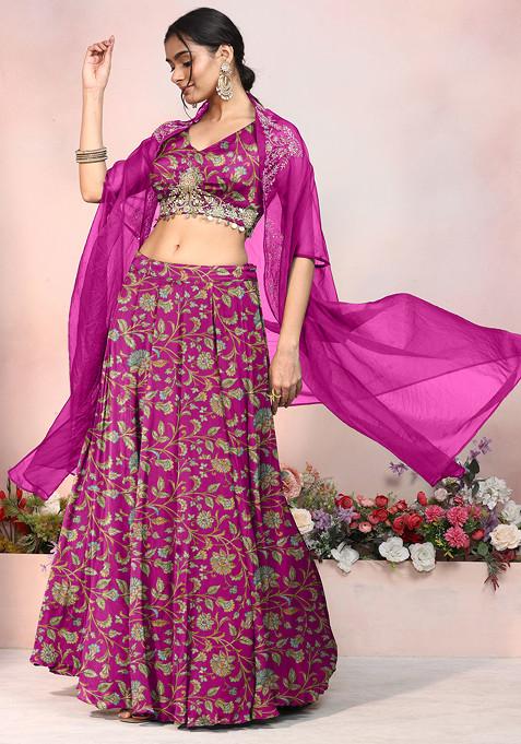 Dark Pink Lehenga Set With Zari Hand Embroidered Blouse And Jacket