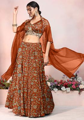 Orange Lehenga Set With Zari Hand Embroidered Blouse And Jacket