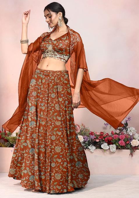 Orange Lehenga Set With Zari Hand Embroidered Blouse And Jacket