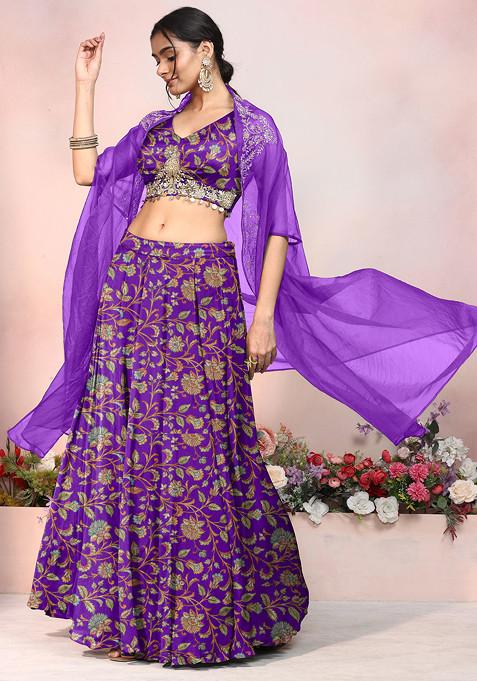 Purple Lehenga Set With Hand Embroidered Blouse And Jacket