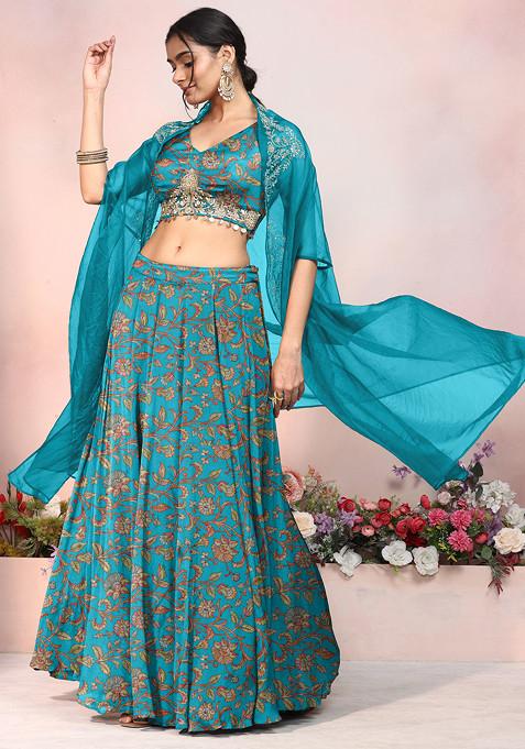 Teal Blue Lehenga Set With Hand Embroidered Blouse And Jacket