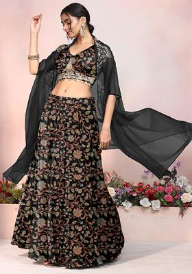 Black Lehenga Set With Hand Embroidered Blouse And Jacket