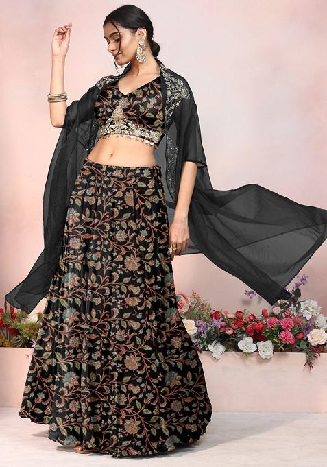 Black Lehenga Set With Hand Embroidered Blouse And Jacket