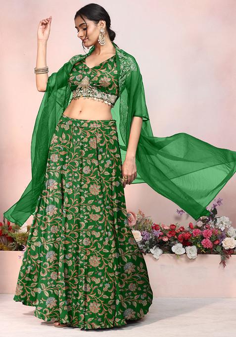 Dark Green Lehenga Set With Zari Hand Embroidered Blouse And Jacket