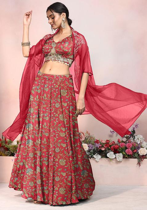 Red Lehenga Set With Zari Hand Embroidered Blouse And Jacket