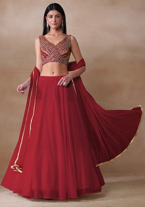 Red Mirror Embellished Georgette Lehenga Set