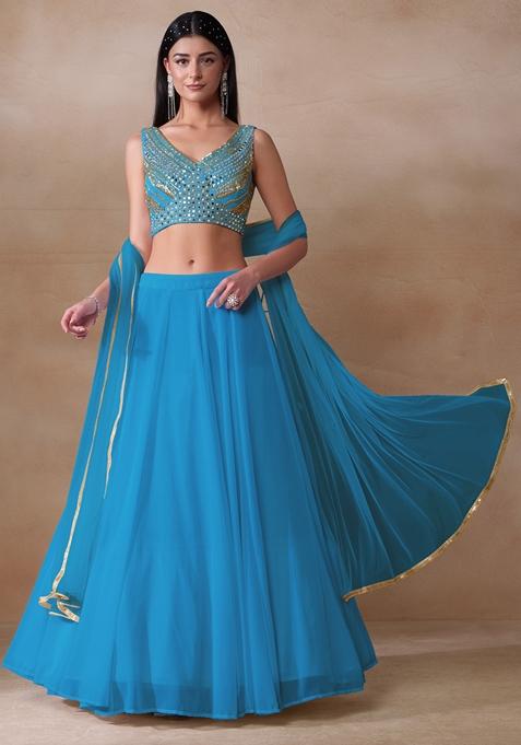 Sky Blue Mirror Embellished Georgette Lehenga Set