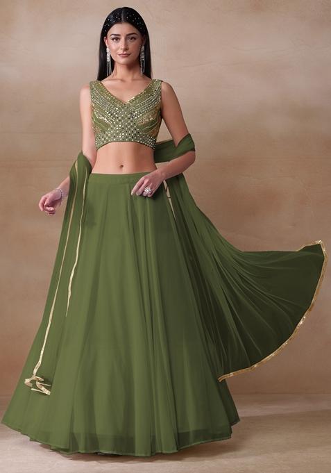 Olive Green Mirror Embellished Georgette Lehenga Set