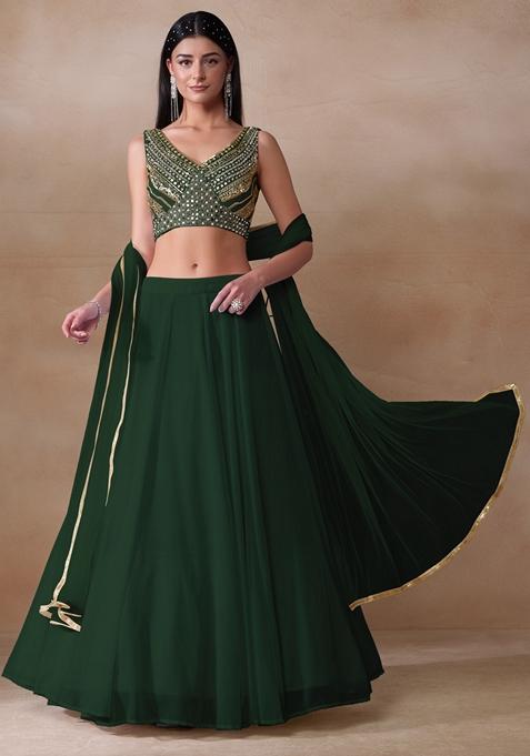 Dark Green Mirror Embellished Georgette Lehenga Set