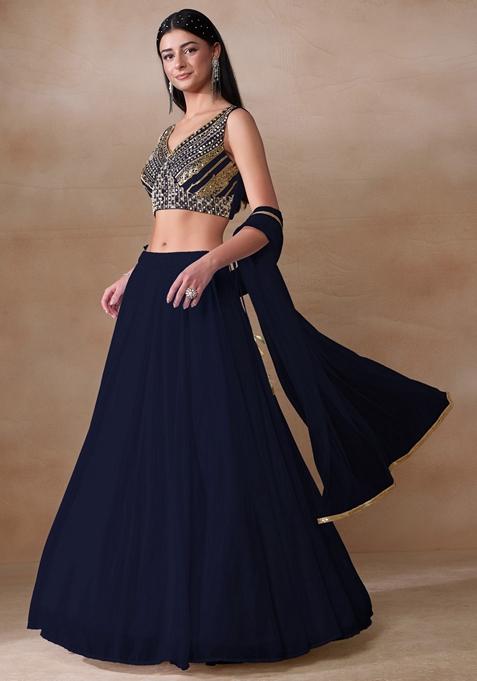 Navy Blue Mirror Embellished Georgette Lehenga Set