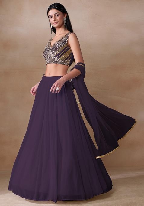 Burgundy Mirror Embellished Georgette Lehenga Set