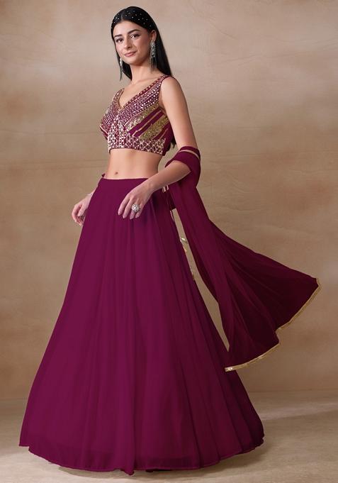 Magenta Mirror Embellished Georgette Lehenga Set