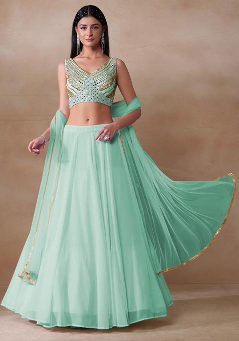 Aqua Blue Mirror Embellished Georgette Lehenga Set