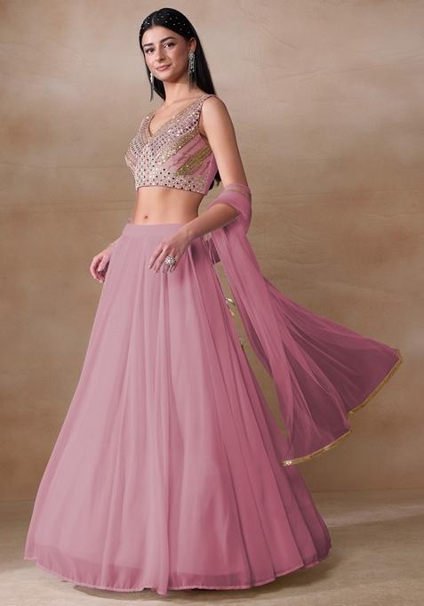 Fuchsia Pink Mirror Embellished Georgette Lehenga Set