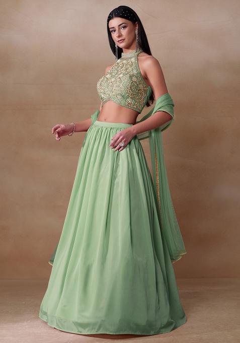 Mint Green Cutdana Pearl Embroidered Chinon Lehenga Set