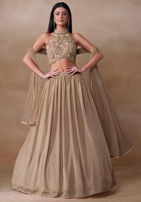 Beige Cutdana Pearl Embroidered Chinon Lehenga Set