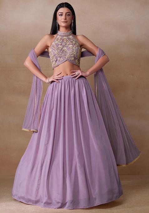 Lavender Cutdana Pearl Embroidered Chinon Lehenga Set