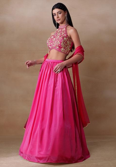 Bright Pink Cutdana Pearl Embroidered Chinon Lehenga Set