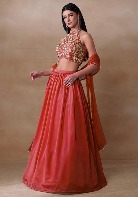 Coral Cutdana Pearl Embroidered Chinon Lehenga Set