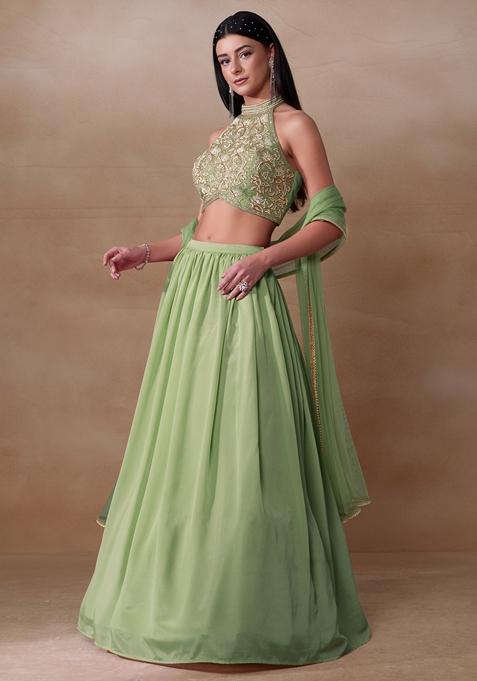 Pastel Green Cutdana Pearl Embroidered Chinon Lehenga Set