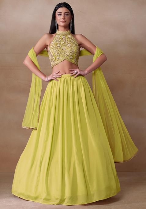 Lemon Yellow Cutdana Pearl Embroidered Chinon Lehenga Set