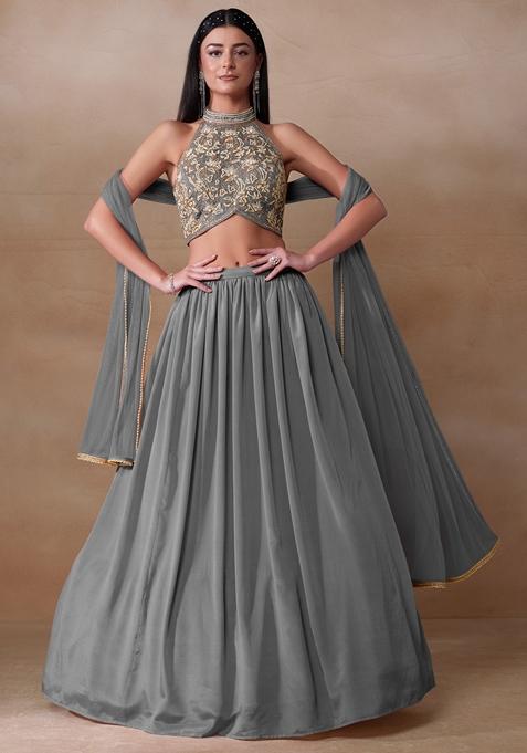 Grey Cutdana Pearl Embroidered Chinon Lehenga Set