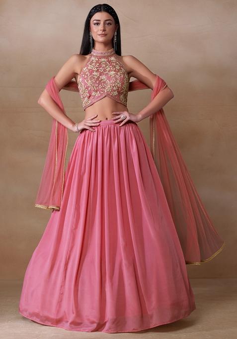 Pink Cutdana Pearl Embroidered Chinon Lehenga Set