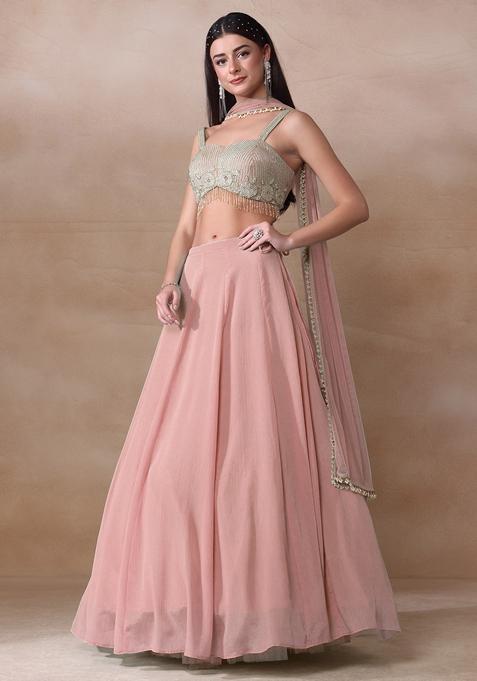 Peach Pink Cutdana Embroidered Chinon Lehenga Set