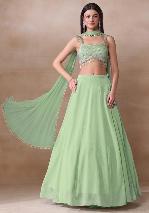 Mint Green Cutdana Embroidered Chinon Lehenga Set