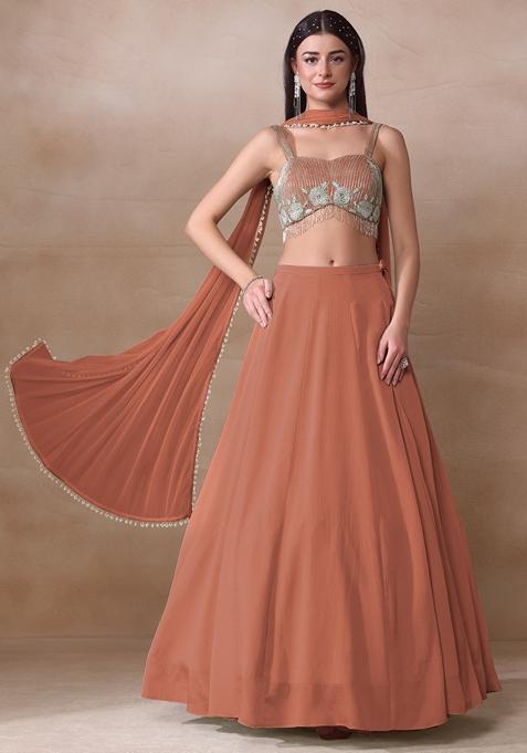 Dark Orange Cutdana Embroidered Chinon Lehenga Set