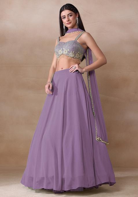 Bright Lilac Cutdana Embroidered Chinon Lehenga Set